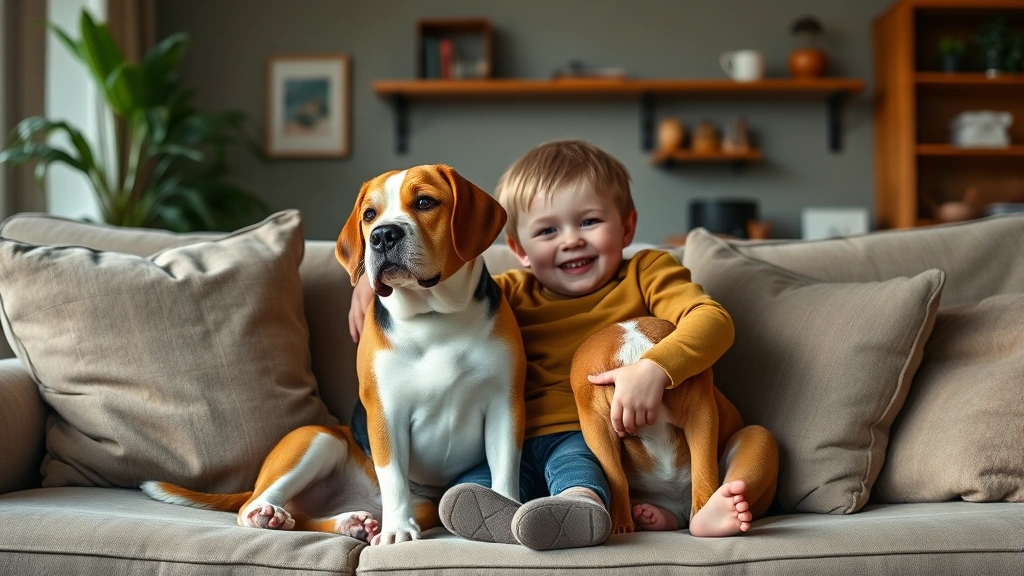 ideal family dogs -
A Beagle and Bulldog sitting together on a comfortable living room couch next t