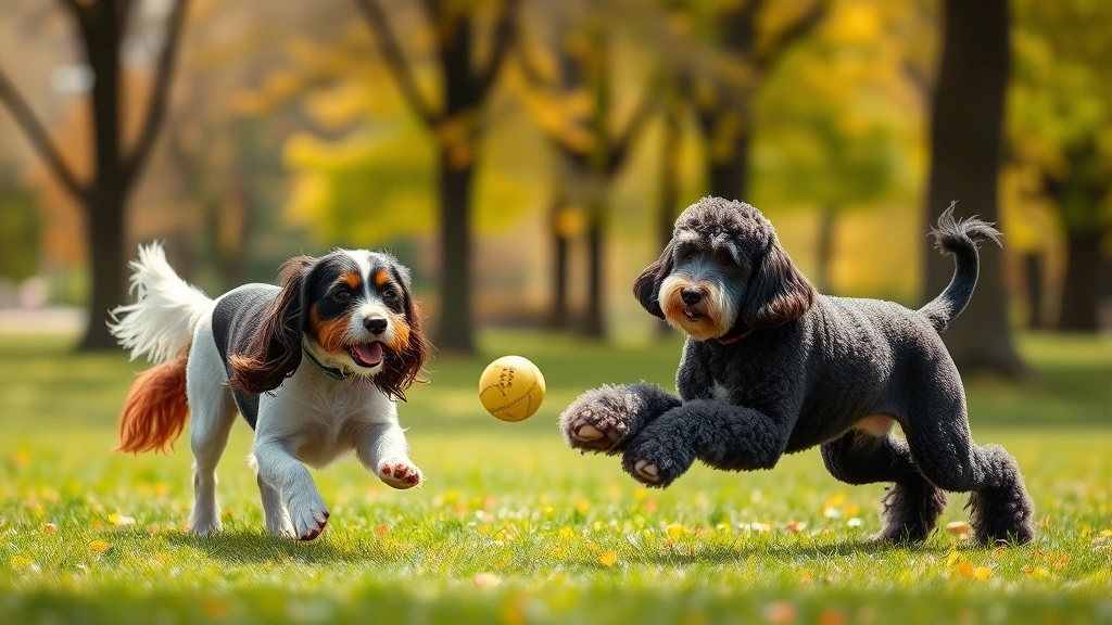 ideal family dogs -
A Cavalier King Charles Spaniel and a Standard Poodle playing fetch in a park w