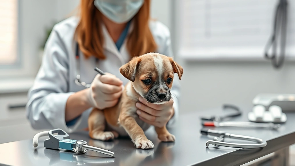 identifying dog worms -
Photorealistic image of a veterinarian examining a small puppy on an examinatio