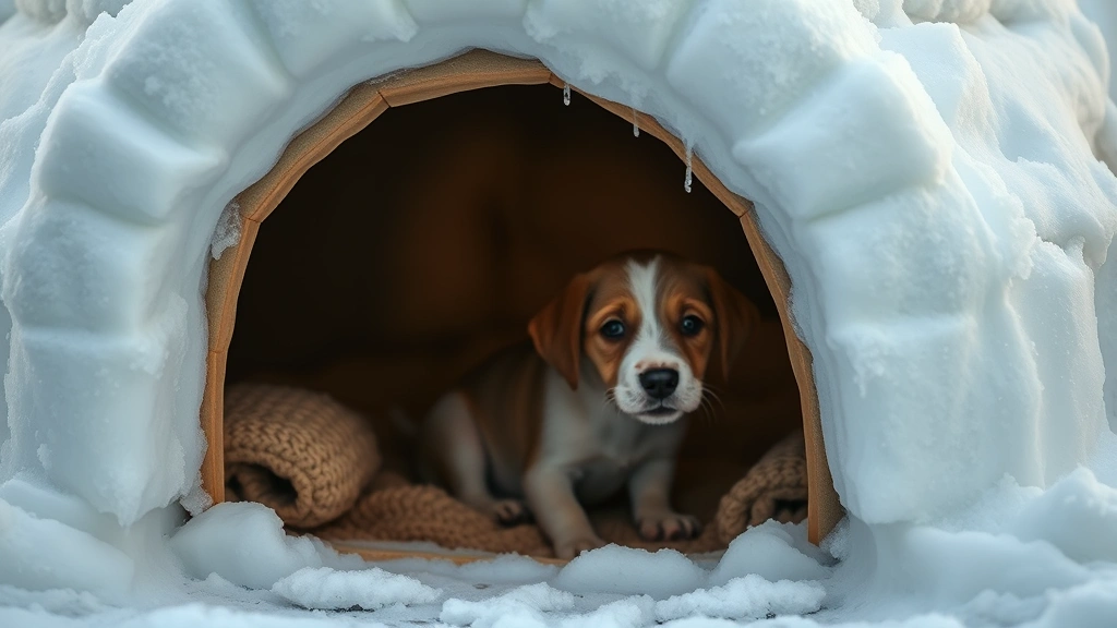 igloo dog house -
Photorealistic close-up of an insulated igloo dog house entrance showing the an