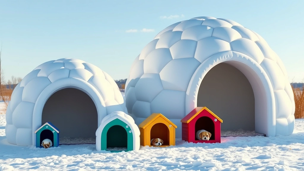 igloo dog house -
Photorealistic image of multiple sizes of igloo dog houses displayed outdoors i