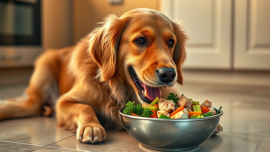 immune-boosting foods for pets -
Photorealistic happy golden retriever eating from a bowl filled with mixed vege