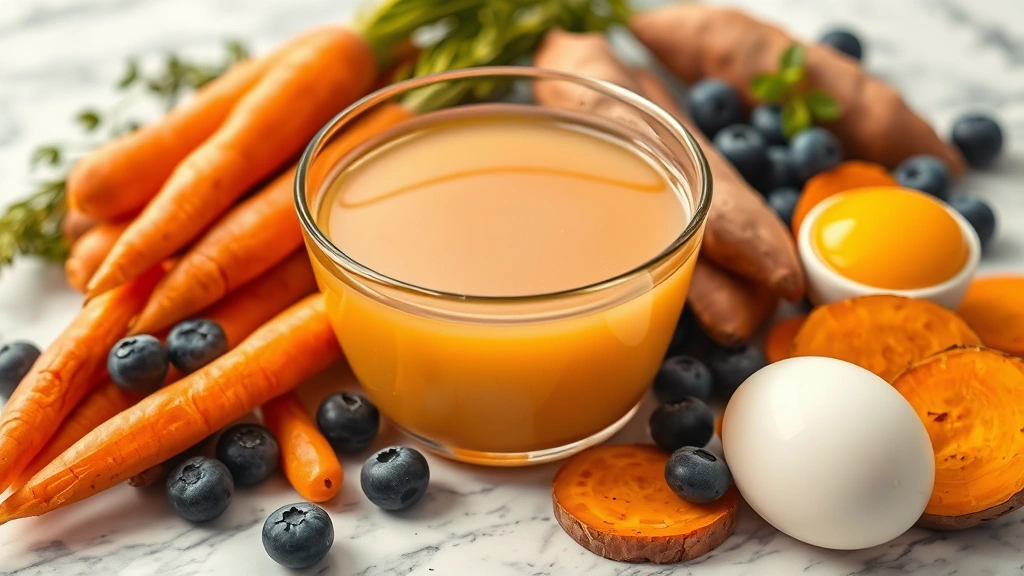 immune-boosting foods for pets -
Photorealistic close-up of colorful pet nutrition ingredients: fresh bone broth