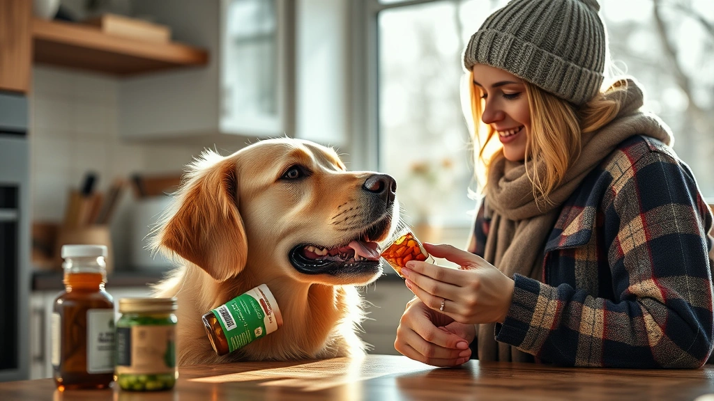 immune boosting supplements for winter -
Photorealistic close-up of a healthy golden retriever and owner taking suppleme