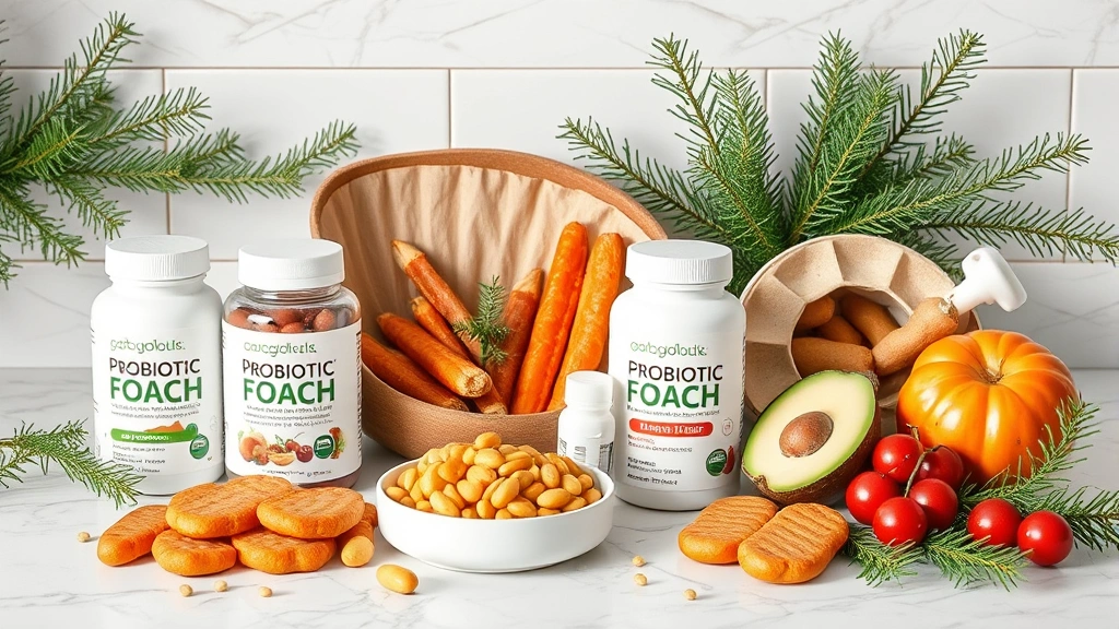 immune boosting supplements for winter -
Photorealistic image of probiotic-rich foods and supplement containers displaye