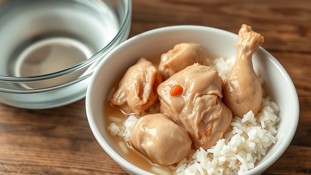 imodium for dogs -
Photorealistic image of a bowl of plain boiled chicken and white rice next to a