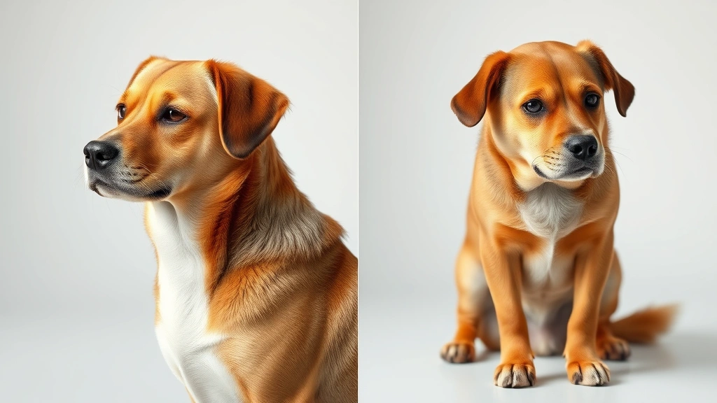 imodium for dogs -
Photorealistic side-by-side comparison showing a healthy dog with normal postur