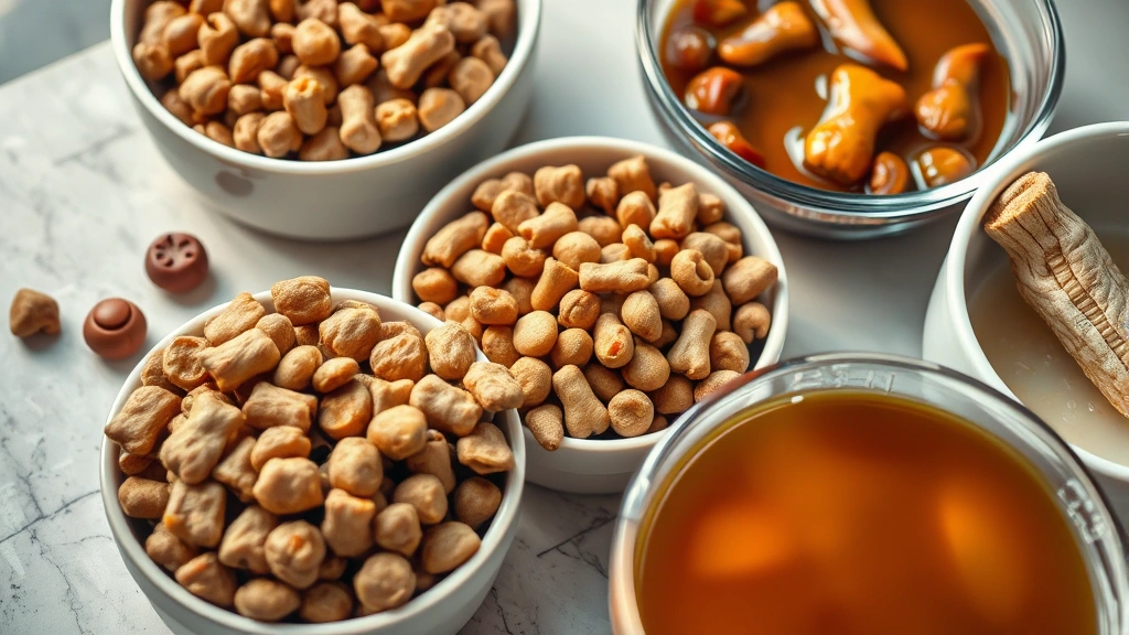 increasing pet appetite -
Photorealistic close-up of various pet food textures including wet food, kibble