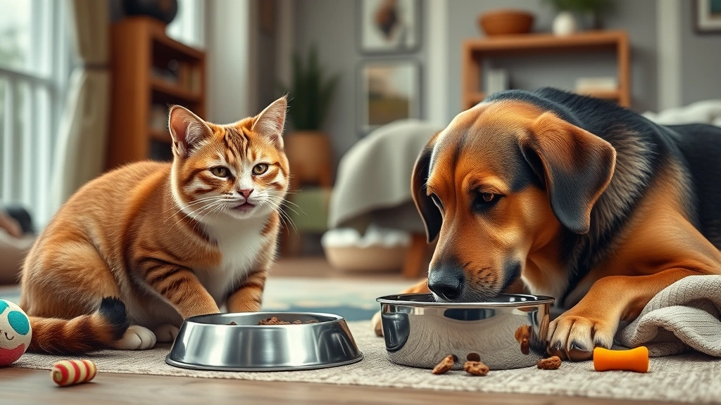 increasing pet appetite -
Photorealistic image of a content cat and dog eating together from separate bow