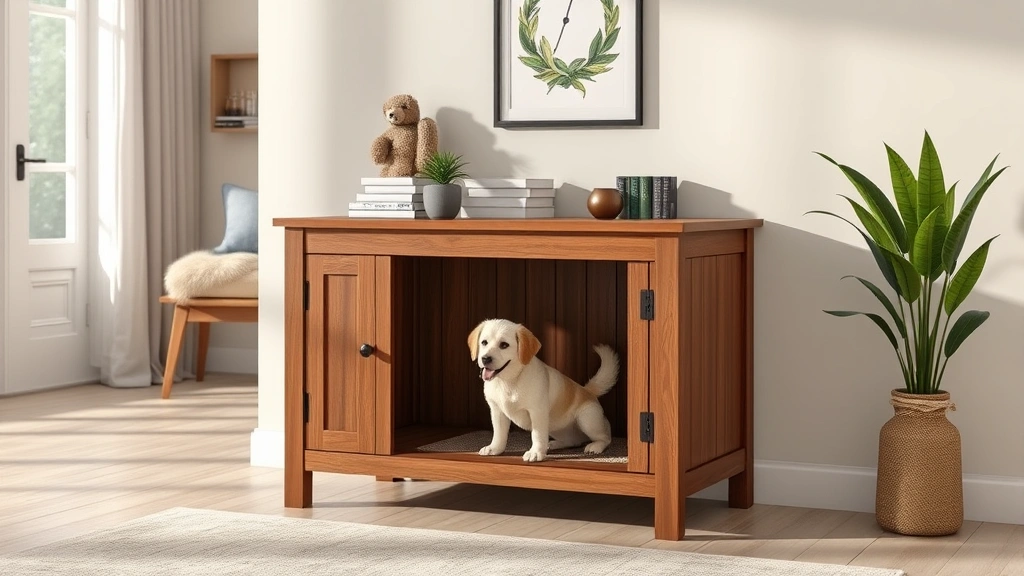 indoor dog kennel -
Photorealistic image of a stylish wooden dog kennel furniture piece in a contem