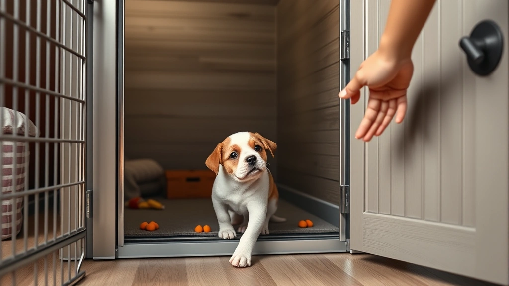 indoor dog kennel -
Photorealistic image of a puppy being introduced to an indoor dog kennel for th