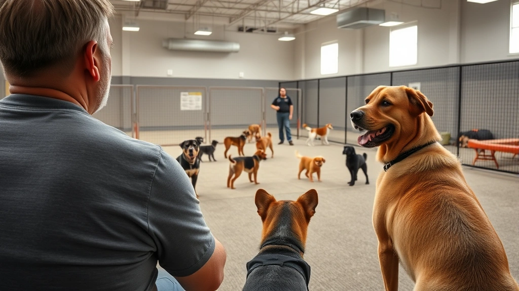 indoor dog park near me -
Photorealistic image of a dog owner watching their small and large breed dogs s