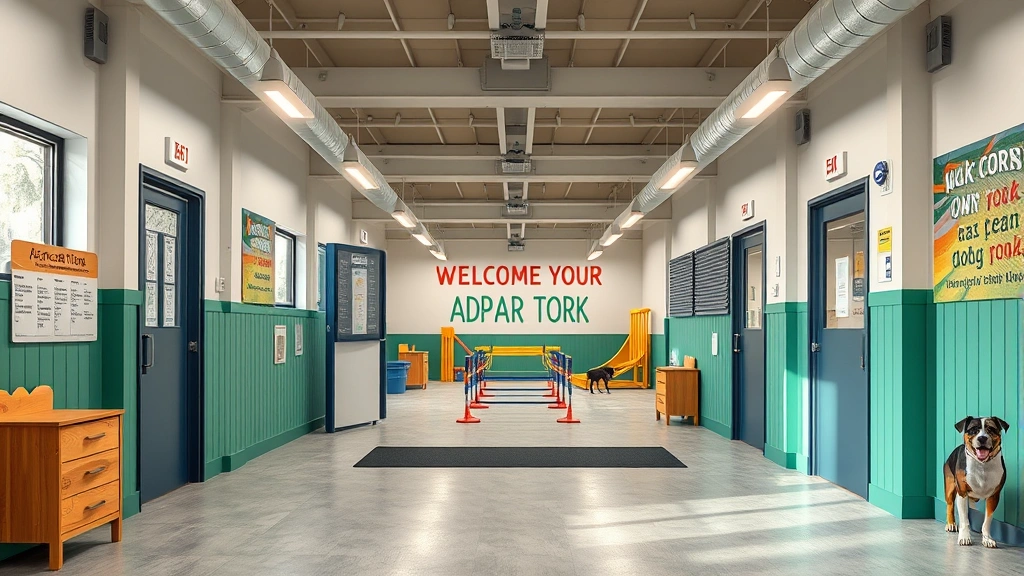 indoor dog park near me -
Photorealistic image of an indoor dog park entrance showing vaccination records