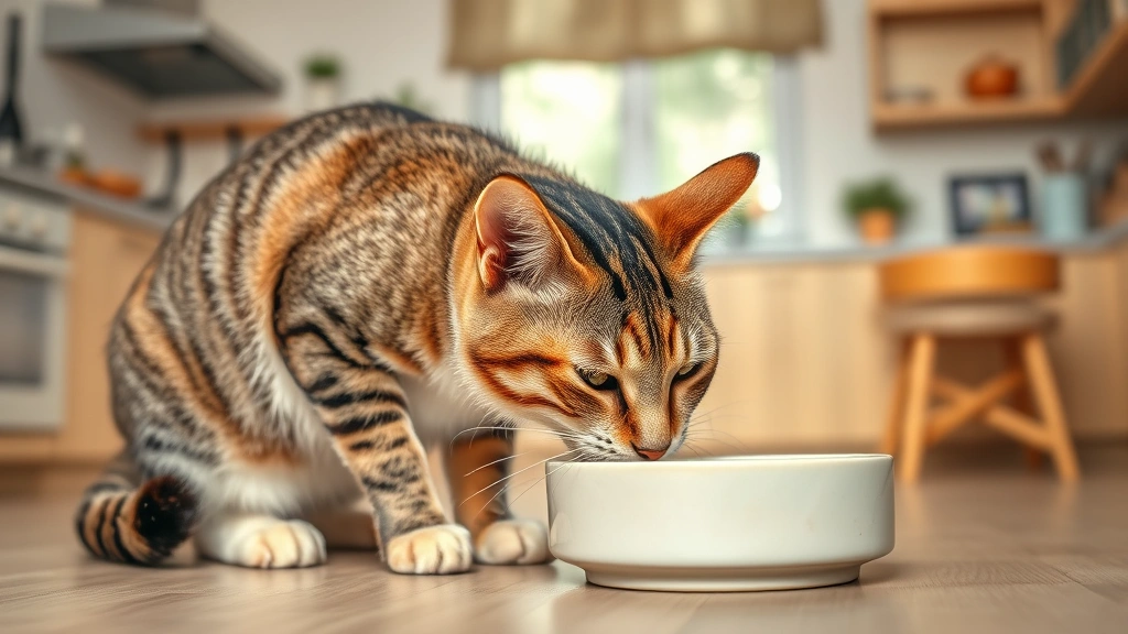 indoor-outdoor pet feeding -
Photorealistic image of a tabby cat eating from a ceramic bowl indoors in a bri