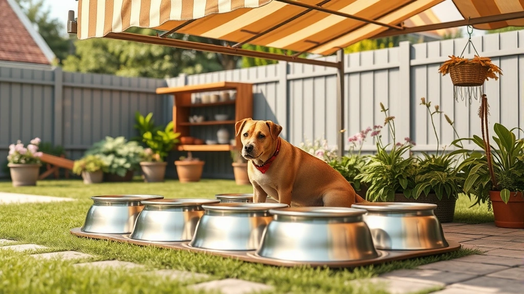 indoor-outdoor pet feeding -
Photorealistic image of outdoor pet feeding setup with multiple stainless steel