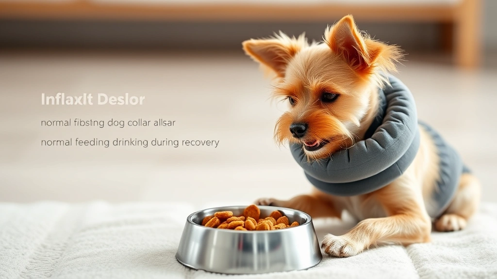 inflatable dog collar -
Photorealistic image of a small terrier comfortably eating from a food bowl whi