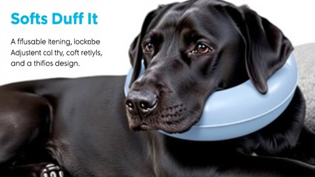 inflatable dog collar -
Photorealistic image of a black labrador resting with an inflatable collar, sho