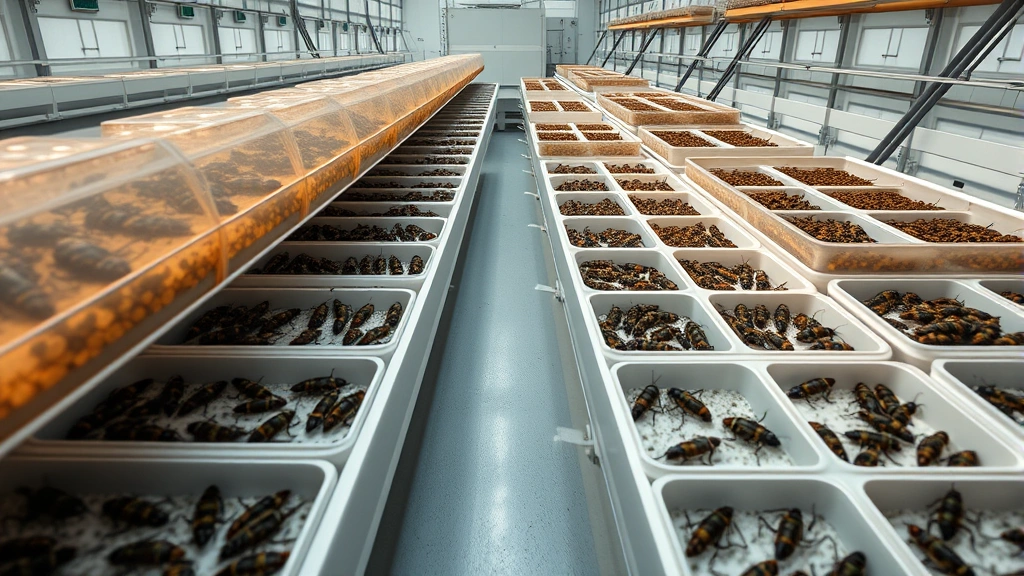 insect protein for cats -
Photorealistic overhead shot of insect farming facility with organized containe