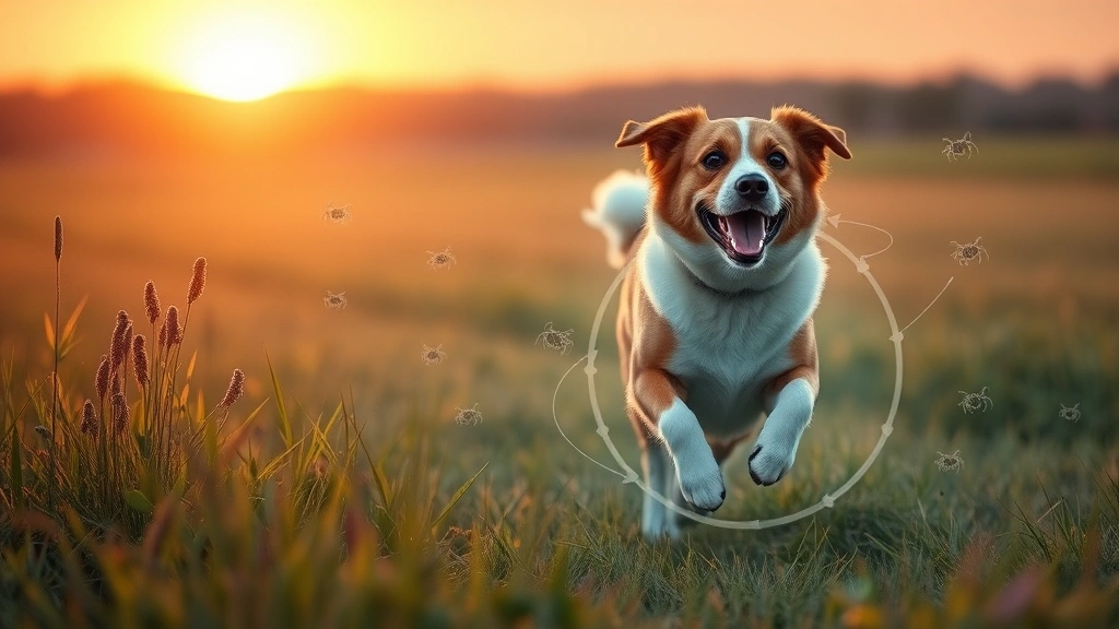 insect repellent on dogs -
Photorealistic happy dog running through a field during sunset with protective 