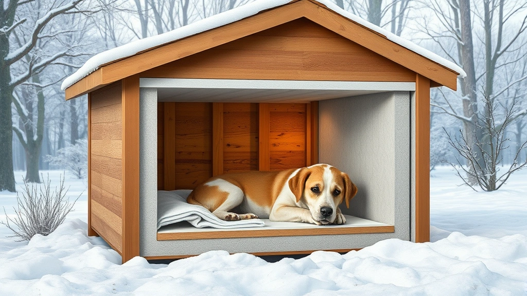 insulated dog house -
Photorealistic cross-section cutaway view of an insulated dog house showing foa