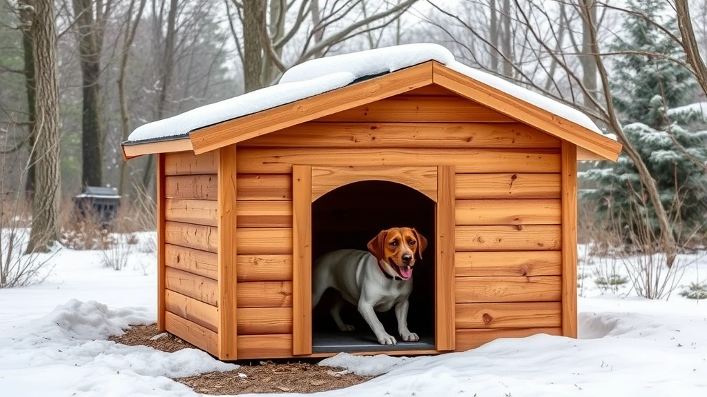 insulated dog house -
Photorealistic outdoor scene showing a medium-sized insulated dog house with we