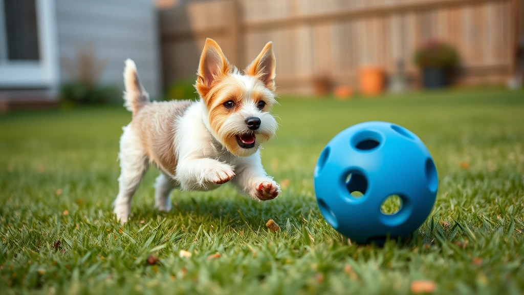 interactive feeding games -
A small terrier happily pushing a treat-dispensing ball across a grassy backyar