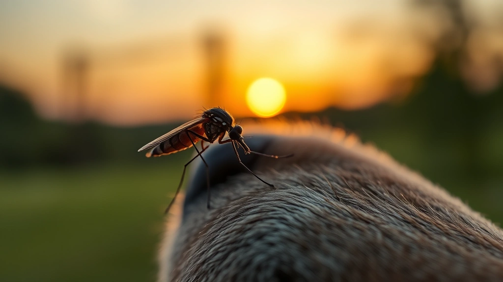 interceptor for dogs -
A mosquito in macro photography hovering near a dog’s ear in natural outd