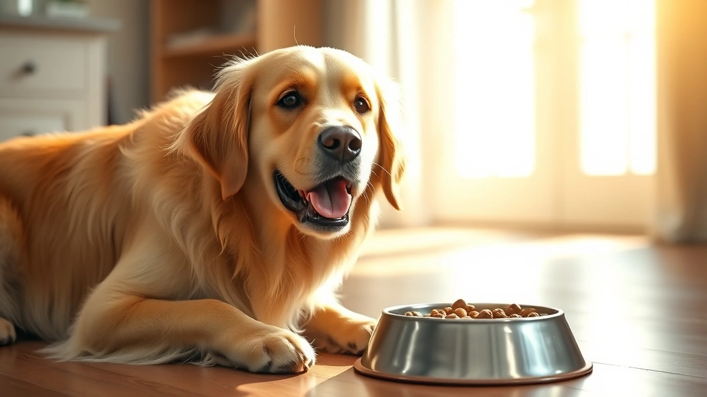 is 4health a good dog food -
Photorealistic healthy golden retriever with shiny coat eating from a food bowl