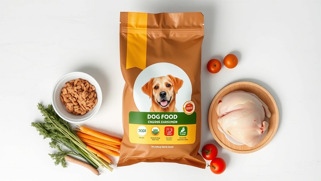 is 4health a good dog food -
Photorealistic overhead shot of dog food bag packaging on a table with fresh ch