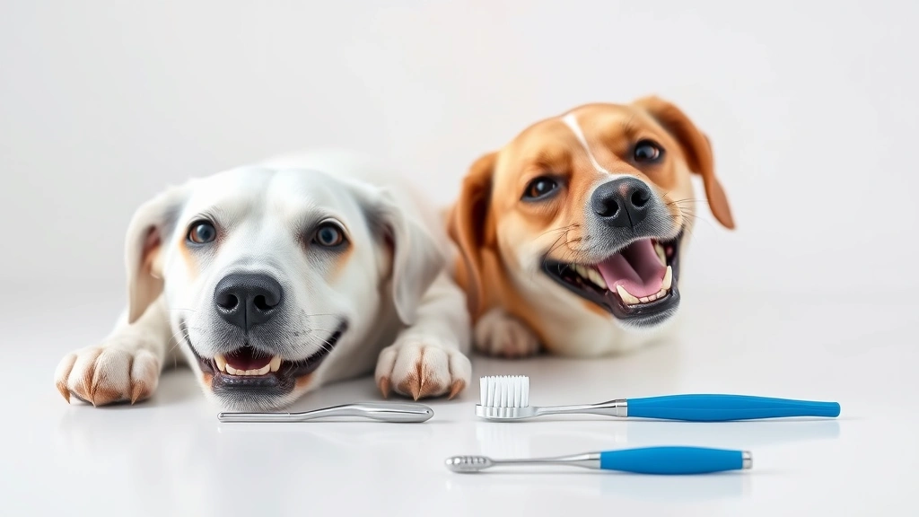 is a dog's mouth cleaner than a human's -
Photorealistic side-by-side comparison setup showing dental care tools for dogs