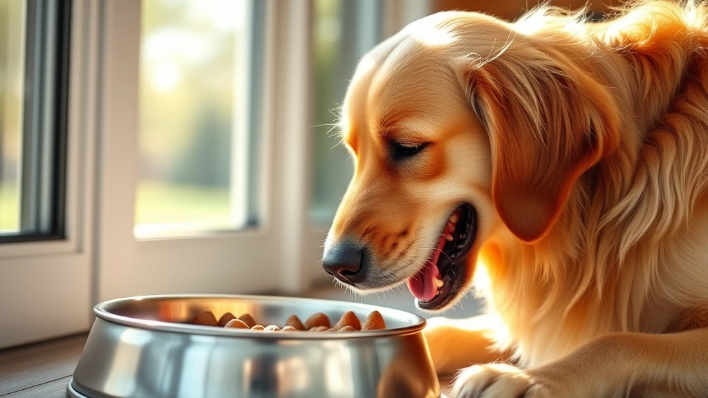 is acana dog food good -
Photorealistic healthy golden retriever with shiny coat eating from a stainless