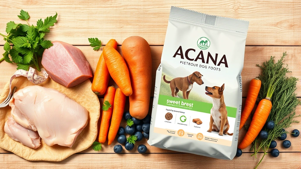 is acana dog food good -
Photorealistic flat lay of Acana dog food bag next to fresh ingredients includi