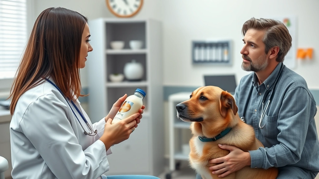 is almond milk safe for dogs -
Photorealistic image of a veterinarian in a clinic holding a bottle of almond m
