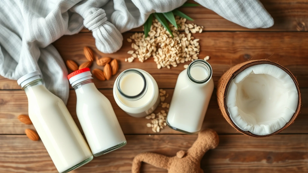 is almond milk safe for dogs -
Photorealistic overhead shot of various milk alternatives (almond milk, oat mil