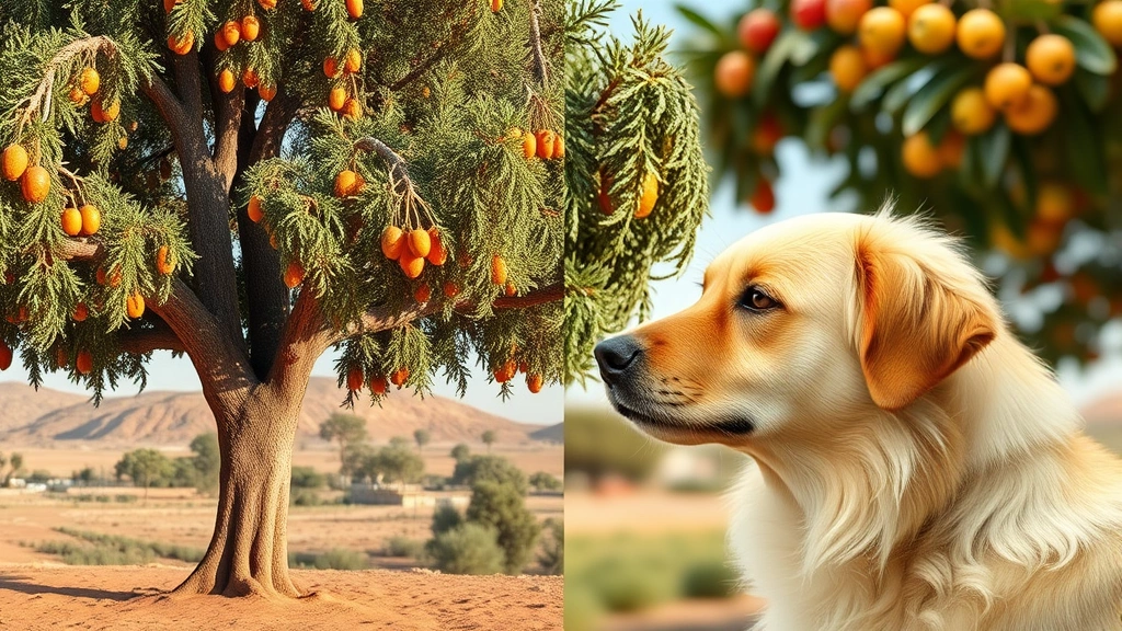 is argan oil of morocco good for dogs -
Photorealistic image of a Moroccan argan tree landscape with argan fruits, tran