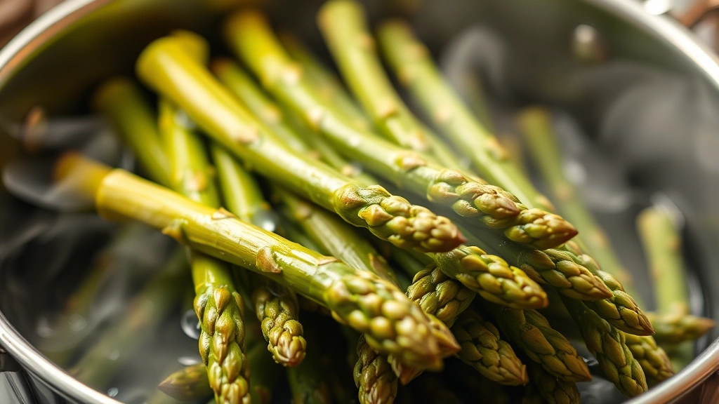 is asparagus good for dogs -
Photorealistic close-up of fresh green asparagus spears being steamed in a pot 