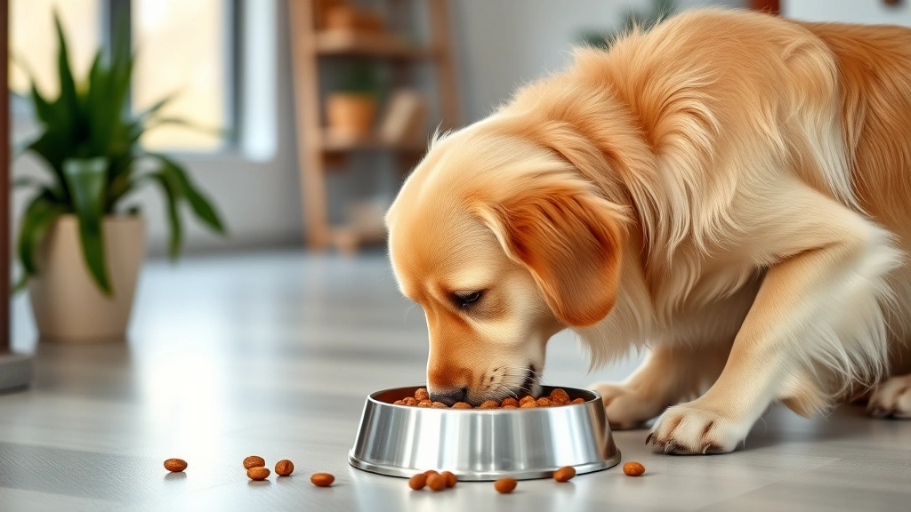 is authority a good dog food -
Photorealistic image of a healthy golden retriever eating from a food bowl indo