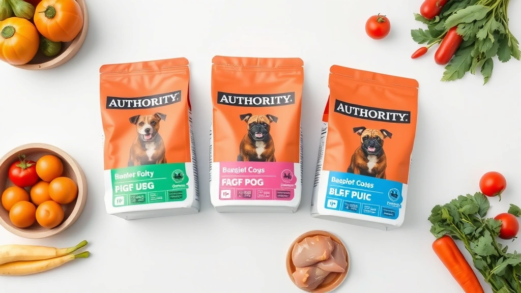 is authority a good dog food -
Photorealistic flat lay of Authority dog food bags and fresh ingredients like c