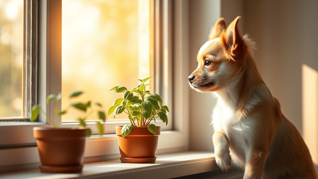 is basil harmful to dogs -
photorealistic image of a small dog looking curiously at a potted basil plant o
