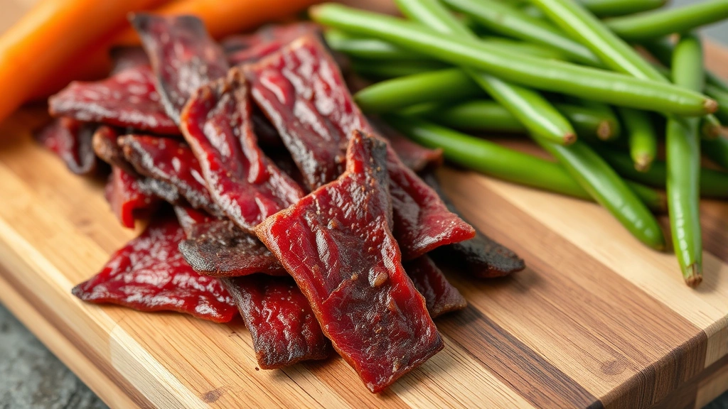 is beef jerky good for dogs -
Close-up of beef jerky pieces on a wooden cutting board with fresh vegetables l
