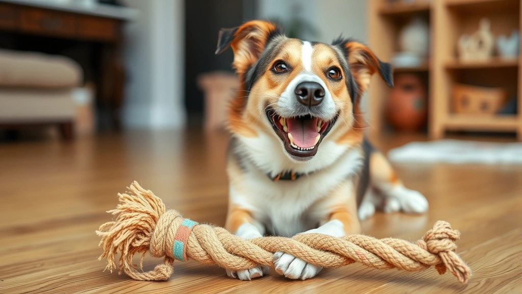 is beef jerky good for dogs -
A happy medium-sized mixed breed dog playing with a rope toy indoors
