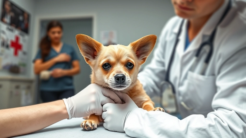 is beer bad for dogs -
Photorealistic image of a veterinarian examining a small dog during an emergenc