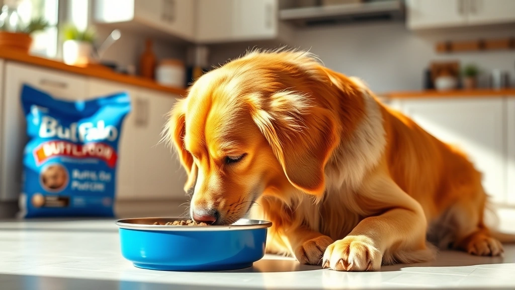is blue buffalo good dog food -
Photorealistic image of a happy, healthy golden retriever eating from a blue bo