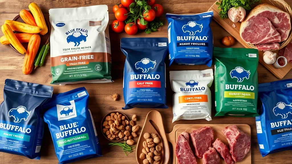 is blue buffalo good dog food -
Photorealistic flat lay of various blue buffalo dog food bags in different vari