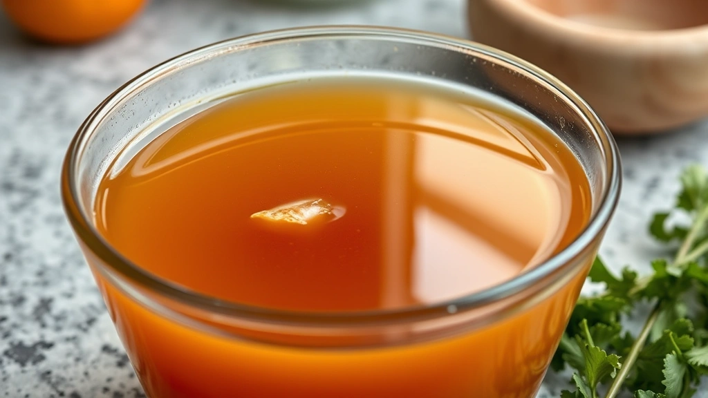 is bone marrow good for dogs -
A close-up of a bowl of clear amber bone broth cooling on a kitchen counter wit