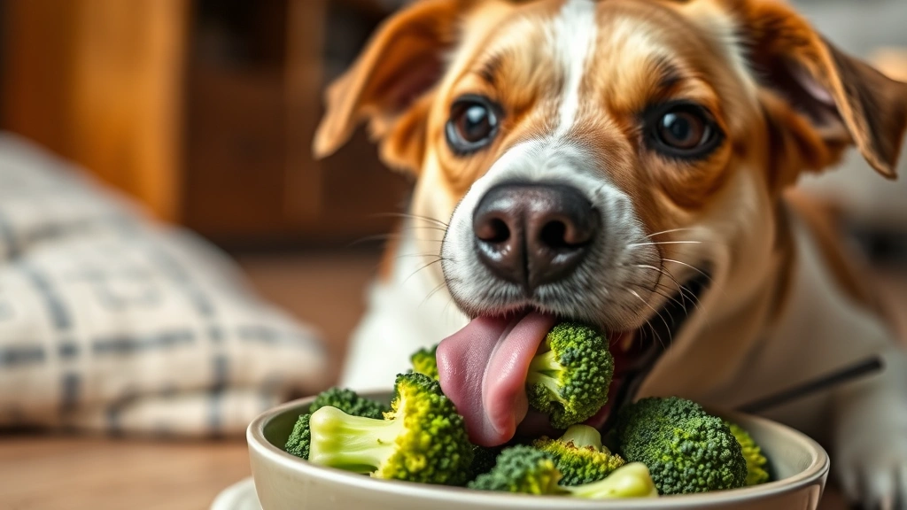 is brocolli good for dogs -
Photorealistic close-up of a happy medium-sized dog with tongue out eating from