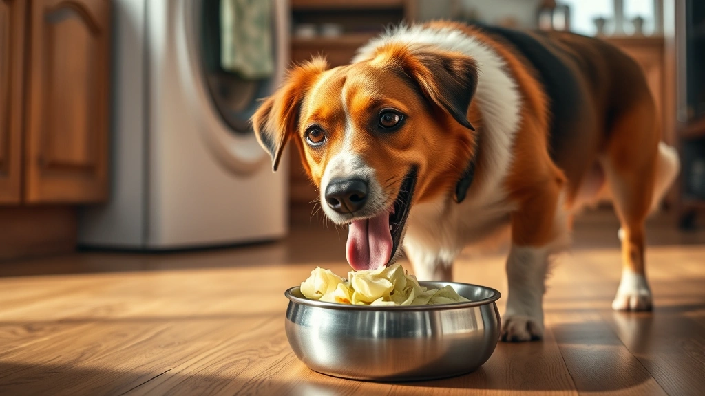is cabbage bad for dogs -
Photorealistic image of a happy medium-sized dog eating small cooked cabbage pi