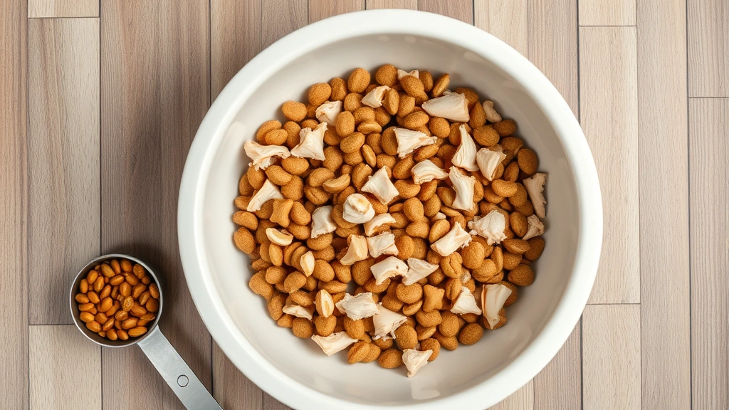 is canned chicken good for dogs -
Photorealistic overhead shot of a dog food bowl with kibble and small pieces of