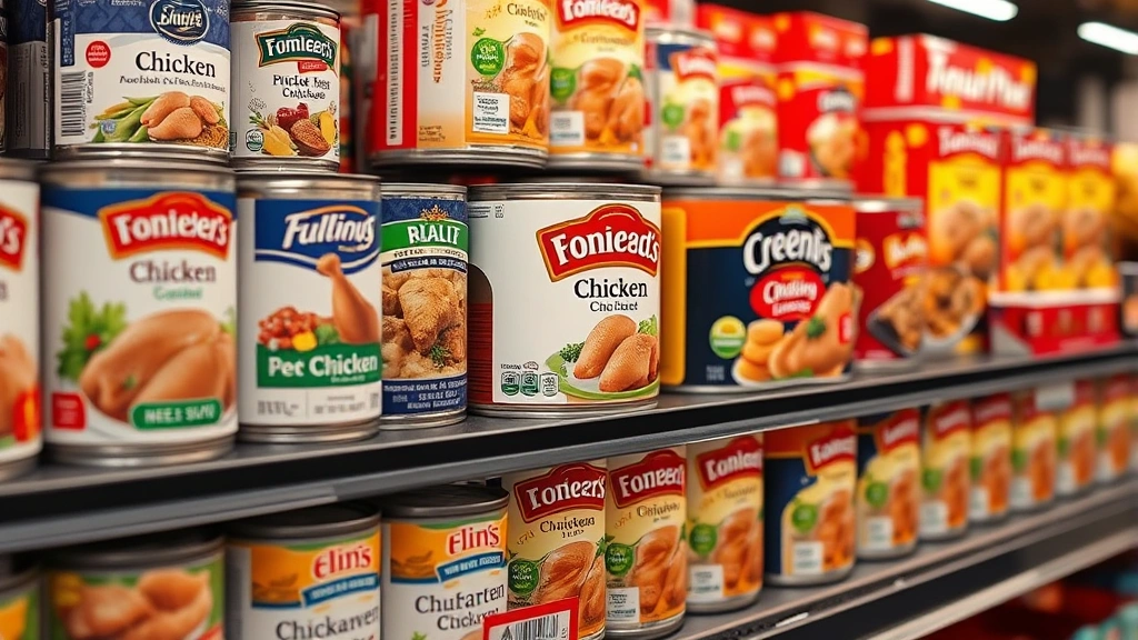 is canned chicken good for dogs -
Photorealistic image of various canned chicken products on a grocery store shel