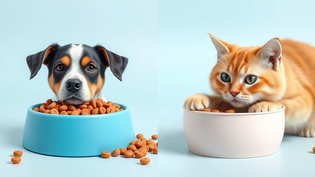 is cat food harmful to dogs -
Split-screen comparison showing a dog food bowl on the left and a cat food bowl